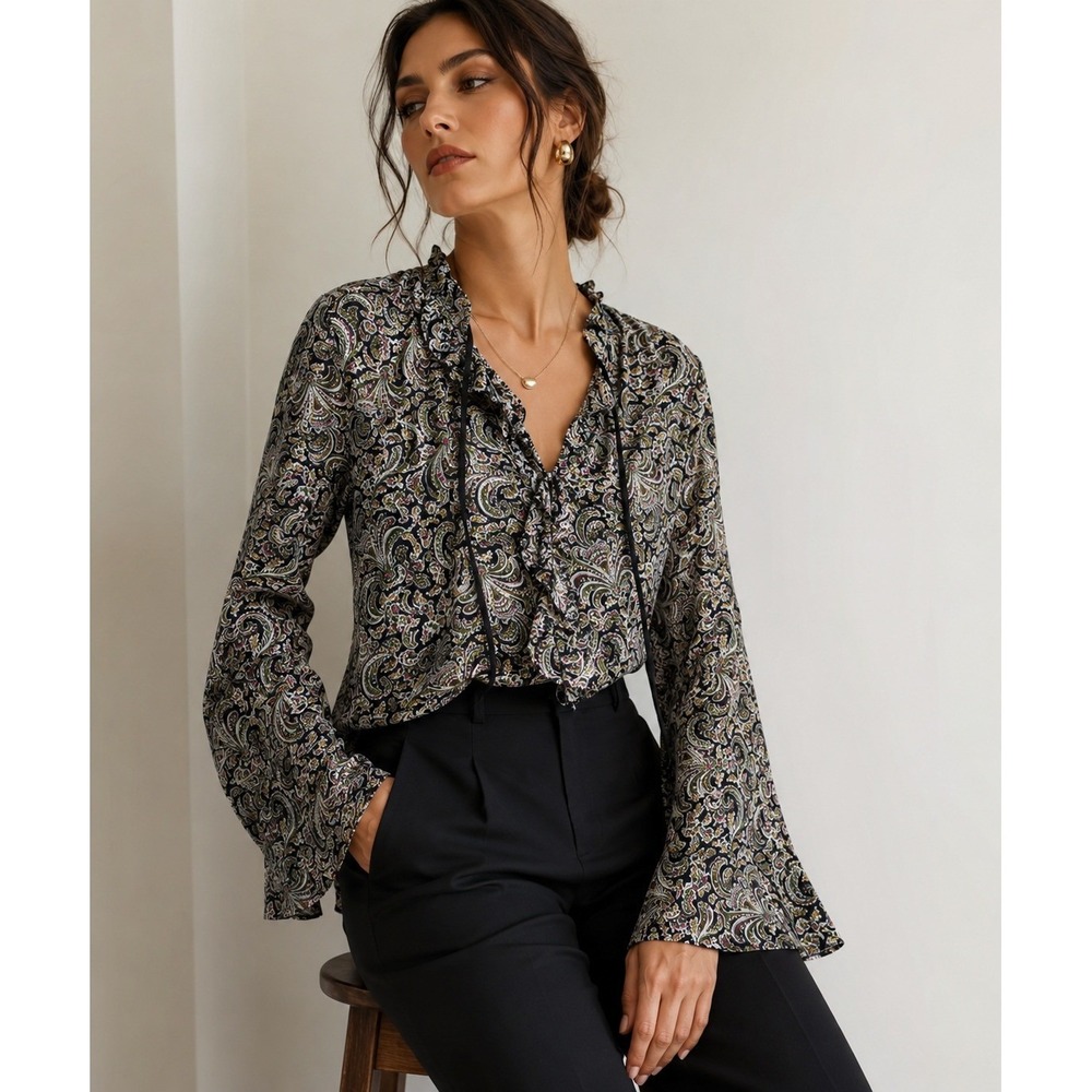 Cino Paisley Ruffle Neck Tie Front Bell Sleeve Viscose Top Medium Artsy Earthy